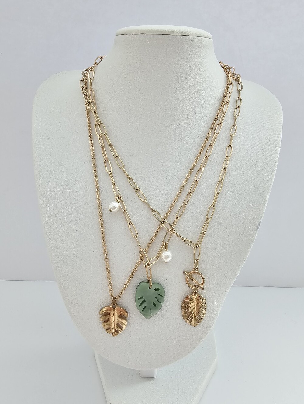 Claire's Gold and Green Monstera Leaf Pendant Necklaces Two Paperclip Chain